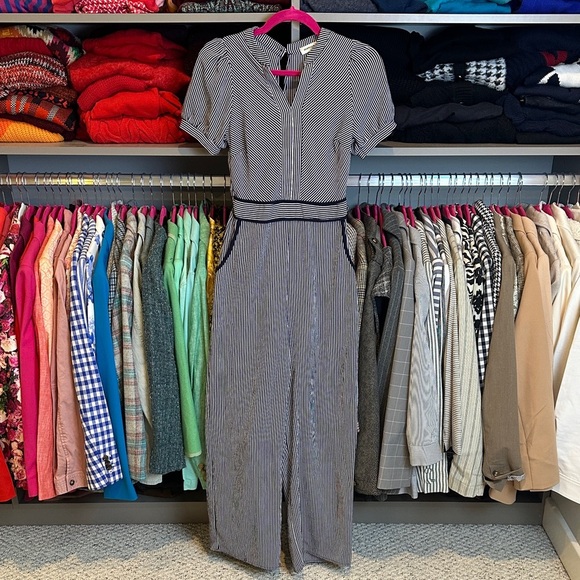 Monteau navy/white striped short sleeve elastic waistband v neck jumpsuit size S - Picture 1 of 3